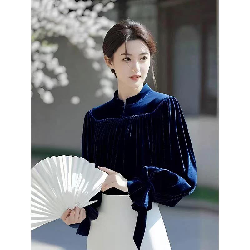 刘诗诗明星同款藏蓝色丝绒衬衫女2025春季氛围感气质褶皱小衫上衣