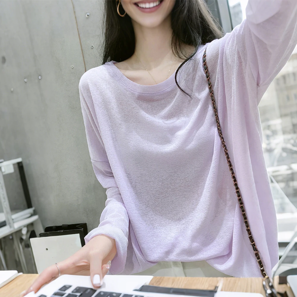 纯色T恤长袖微透防晒罩衫女2025夏季新款冰丝宽松空调衫薄款上衣