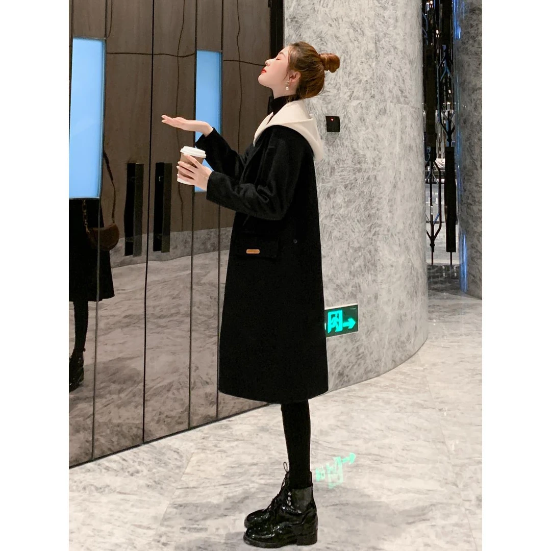双面大衣女2025新款秋冬假俩件撞色连帽呢大衣中长款毛呢外套