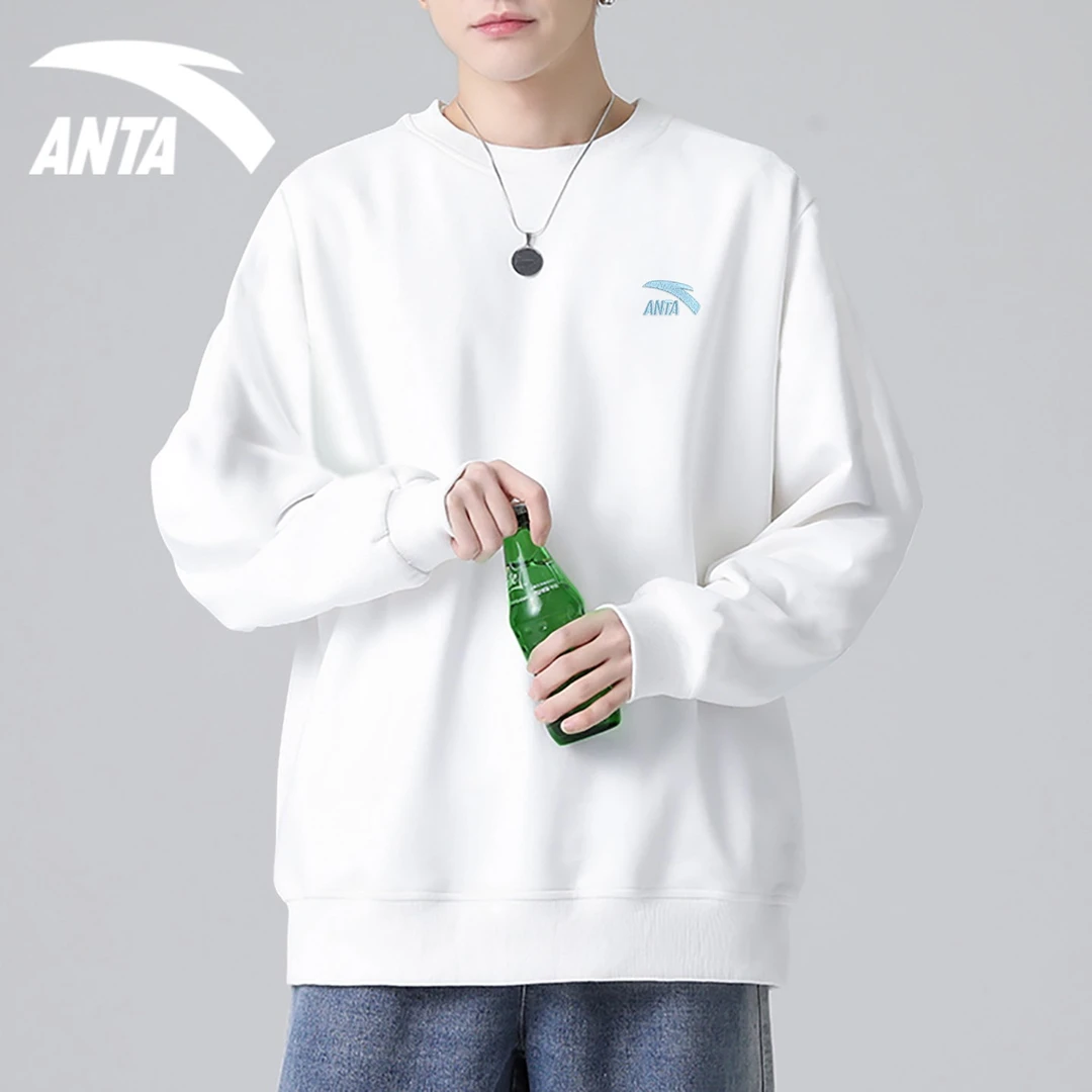 安踏运动卫衣T恤男2025秋季新款宽松圆领上衣青少年白色内搭长袖