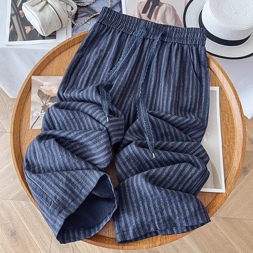 拉夏贝尔藏蓝色条纹直筒裤女夏2025新款高腰凉凉裤蕾丝腰带阔腿裤