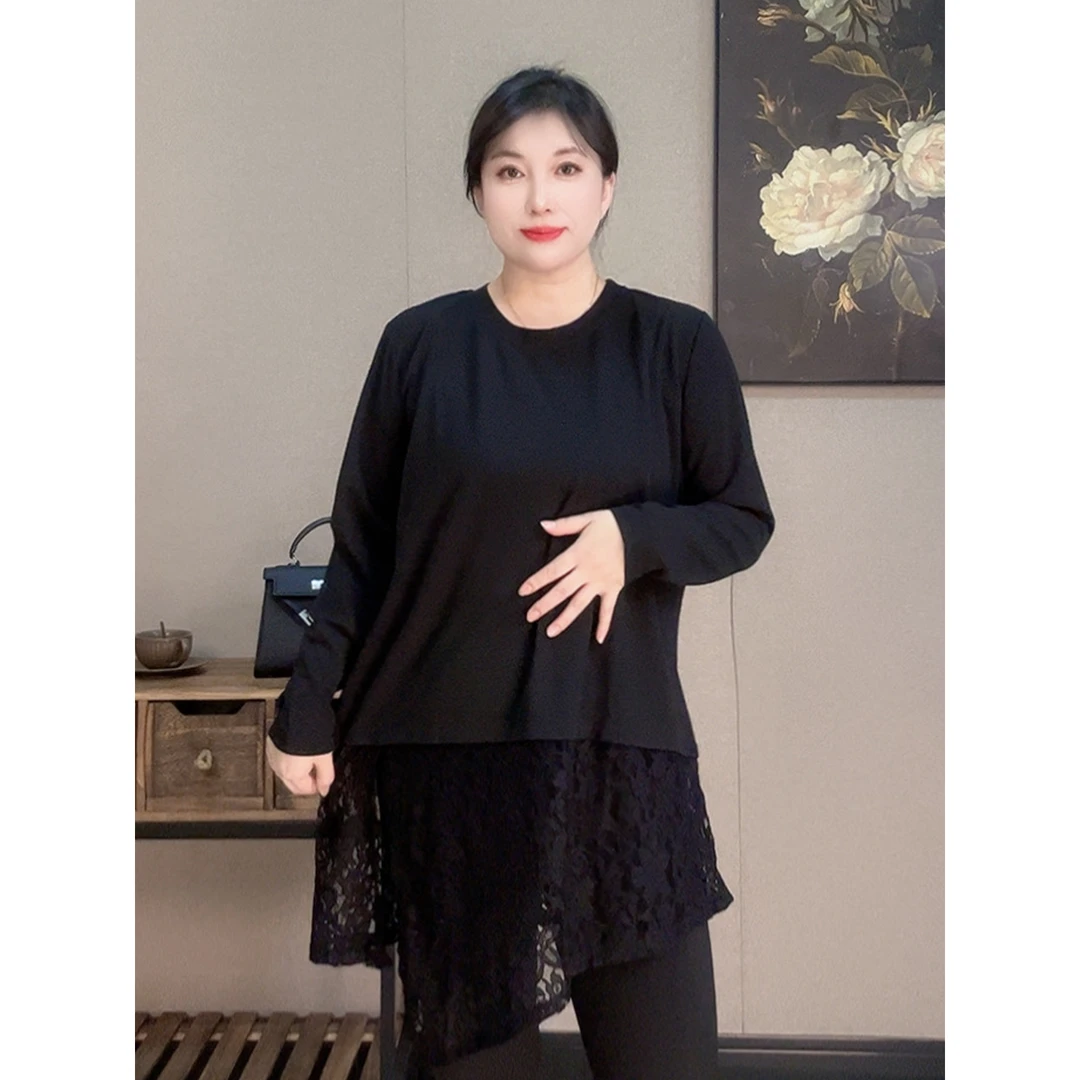 【胡小肥】12蕾丝拼接大码打底衫3031气质时尚显瘦微胖简约新款高级