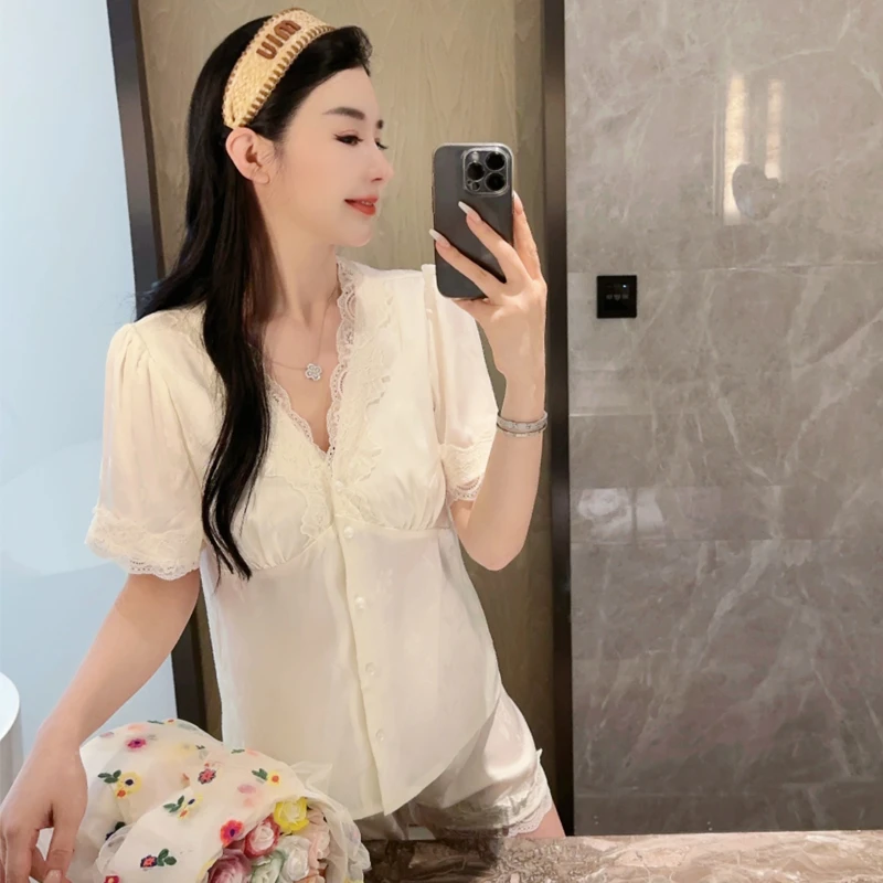 夏季睡衣女高级感冰丝蕾丝法式薄款性感轻奢家居服套装可外穿