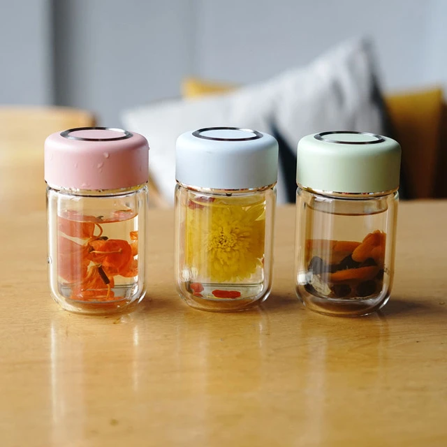 双层小清新创意玻璃杯迷你小巧学生男女办公室泡花茶耐