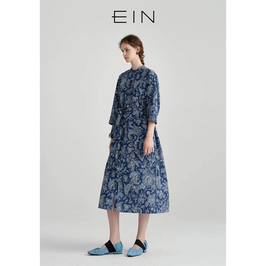 EIN/言国风百花集 水墨线描印花系扣系结腰带半袖连衣裙25春款