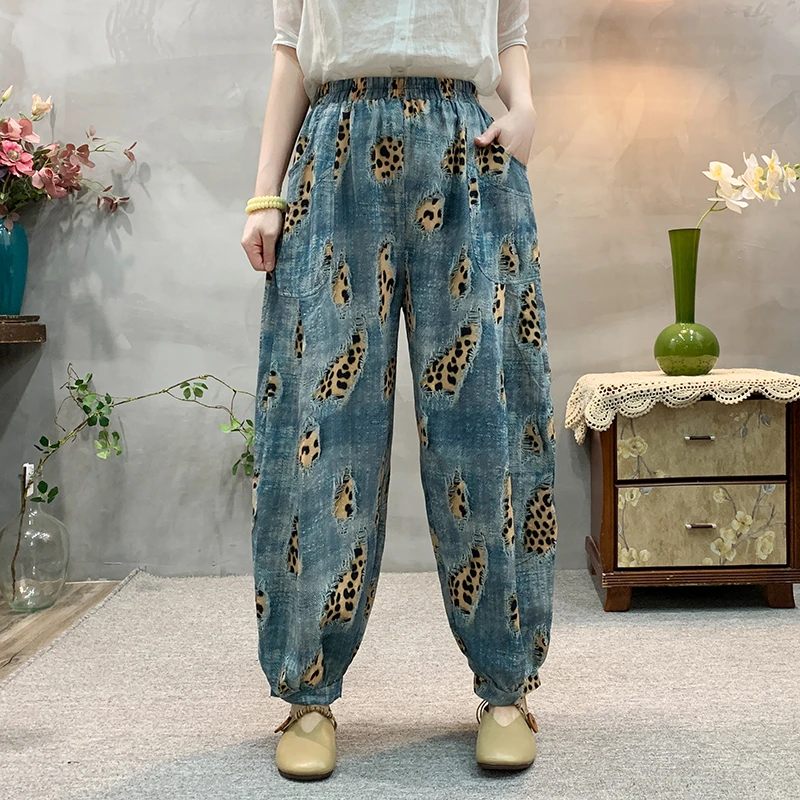 2025新款棉麻哈伦裤松紧腰女士印花宽松显瘦灯笼裤复古文艺九分裤