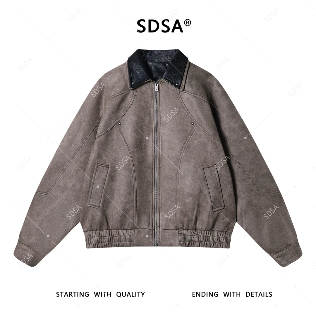 SDSA秋冬新款男士痞帅美式复古拼接撞色拉链外套宽松百搭简约夹克