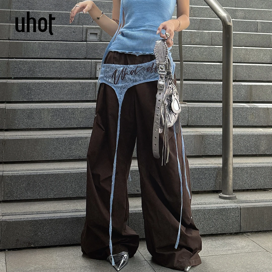 UHOT 咖色工装撞色字母蕾丝装饰长裤女士休闲高级百搭 UWWR2K628M