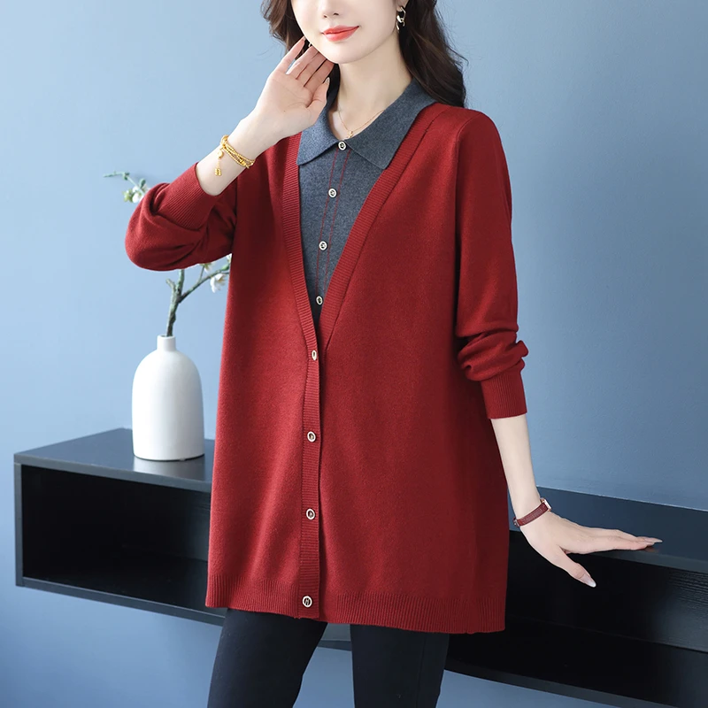 假两件毛衣女秋冬季中长款遮屁股上衣翻领洋气中年妈妈打底衫大码