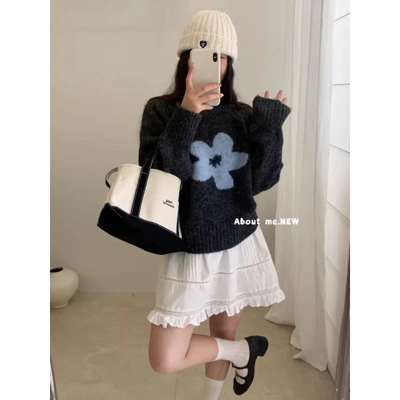 慵懒风秋提花刺绣针织衫女甜美2025秋冬韩系软糯毛衣圆领套头上衣