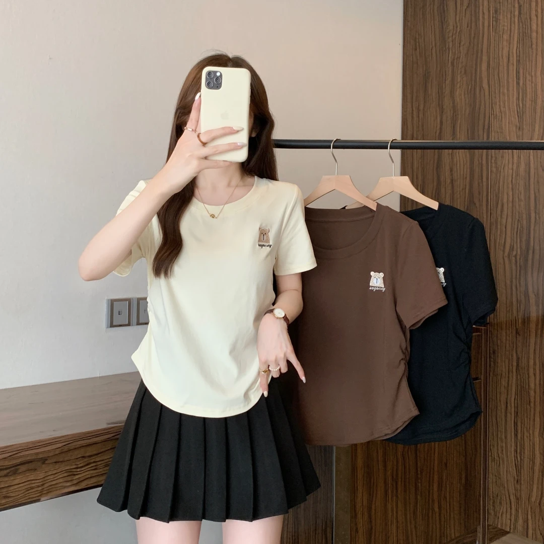 清2025夏季新款胖mm大码不规则刺绣短袖T恤修身掐腰显瘦上衣80061