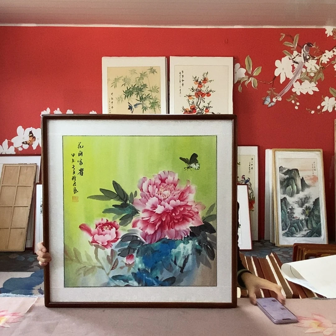 国画手写手绘带框包邮国画作品62✖️62