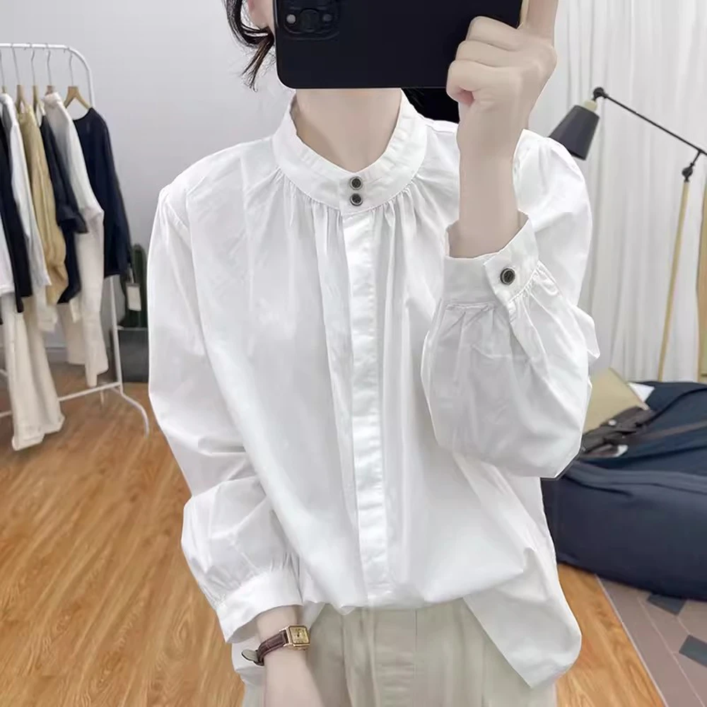 立领小黑扣衬衫女早秋新款简约宽松气质衬衣日系纯棉百搭长袖上衣