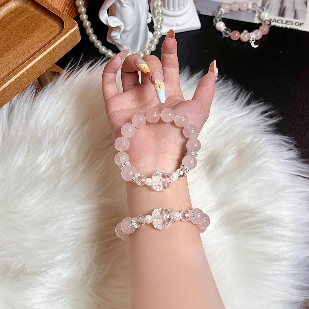 【狐仙】12mm粉水晶＋白水晶凤九雕刻件  手串原创设计天然水晶