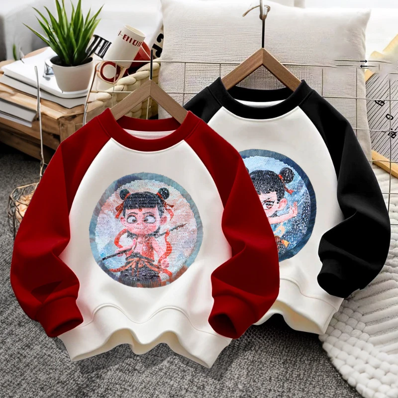 哪吒变色亮片卫衣春秋新款男童毛圈卫衣圆领亮片撞色插肩袖上衣