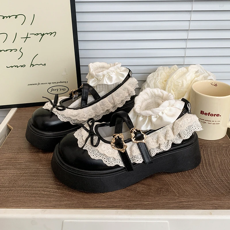 黑色蝴蝶结浅口厚底小皮鞋女学院风2025新款春秋配裙子玛丽珍单鞋