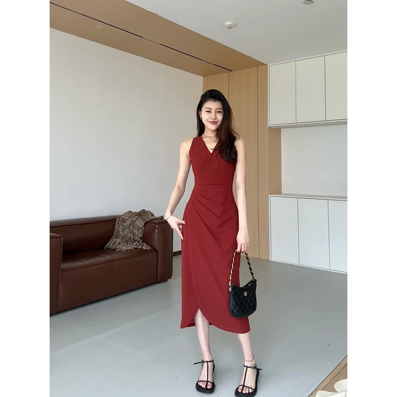 张阿星【迷醉时刻】港风复古V领挂脖高级出挑气质连衣裙 W424Q02234