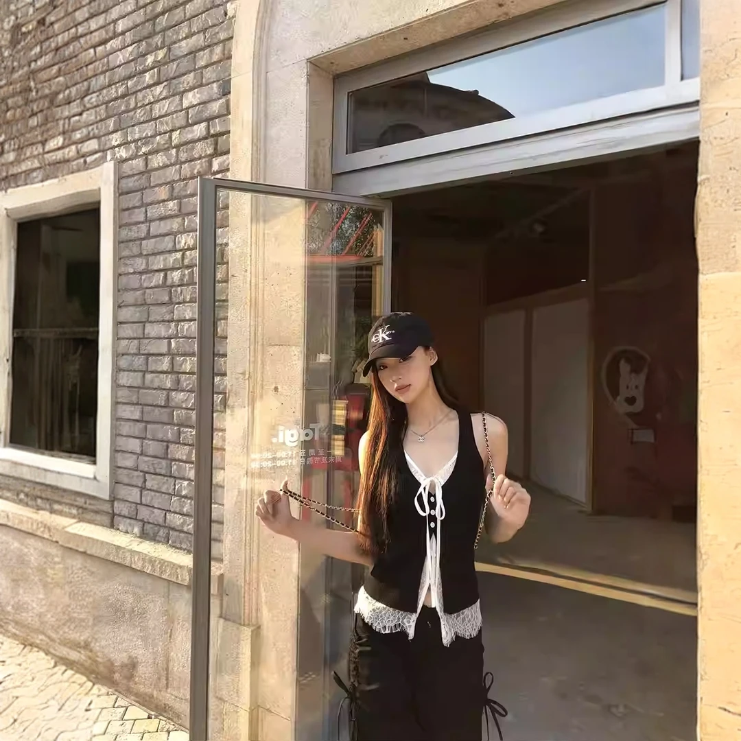 黑色辣妹假两件蕾丝吊带背心女夏季薄款外穿无袖修身独特别致上衣