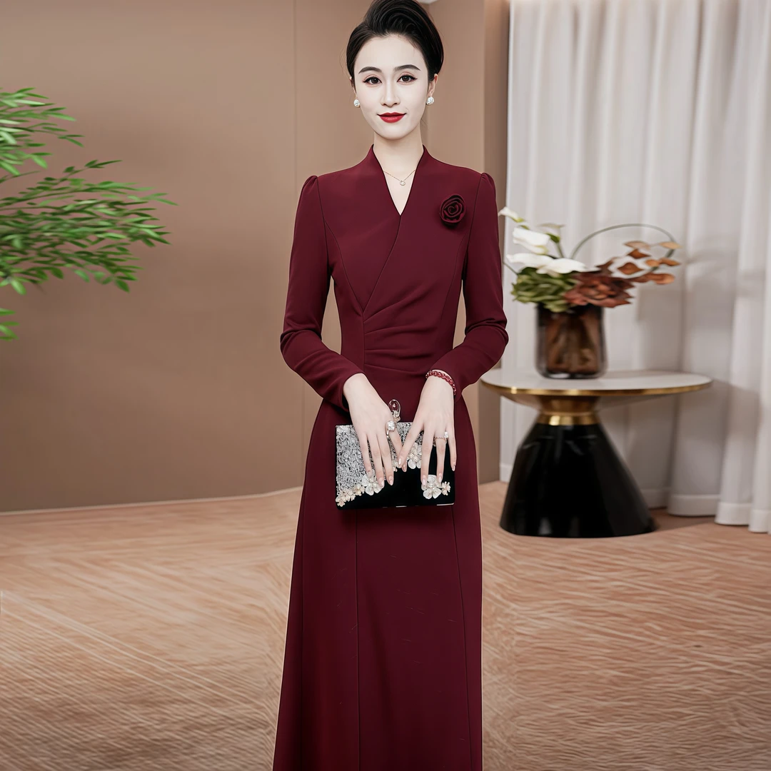 高级感穿搭2025年秋季新款优雅显瘦修身长袖婚宴礼服女连衣裙17