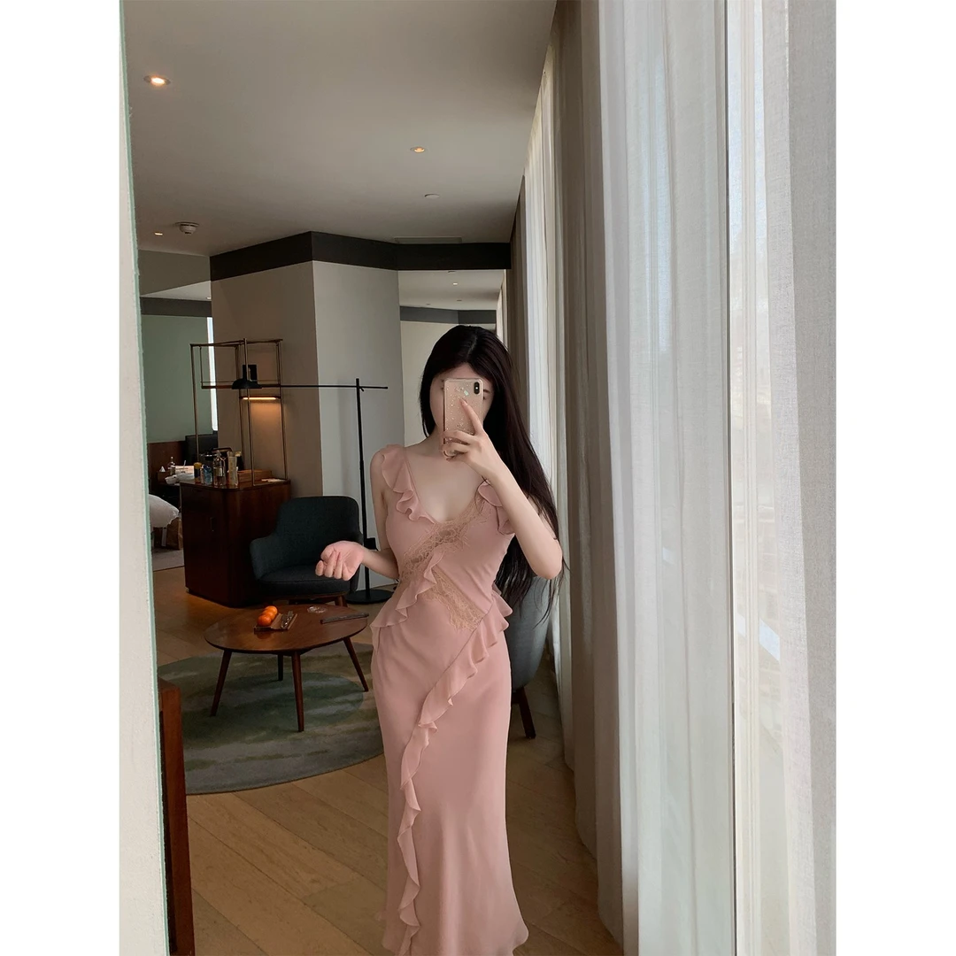 THE SWAN司凰轻奢  法式优雅名媛荷叶边长裙子雪纺蕾丝吊带连衣裙