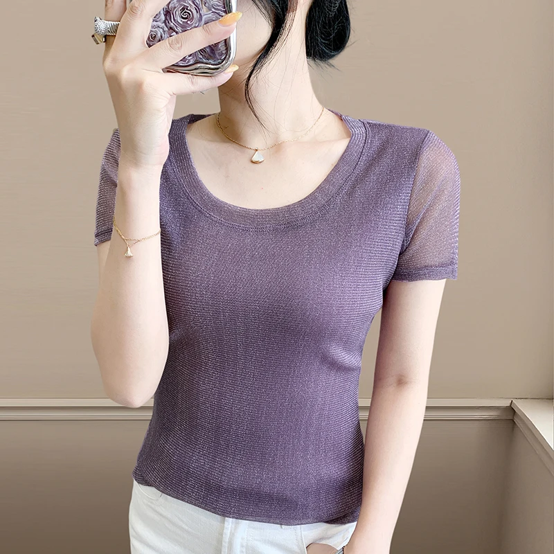 2025年夏新款性感显瘦半袖打底衫女时尚网纱烫金短袖T恤上衣小衫