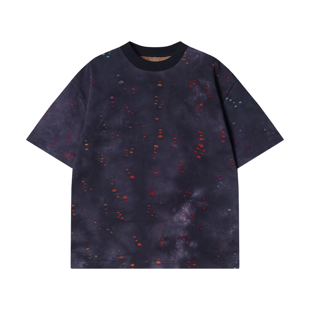 T2662高级感新款美式扎染磨破圆领短袖T恤小众设计复古百搭上衣