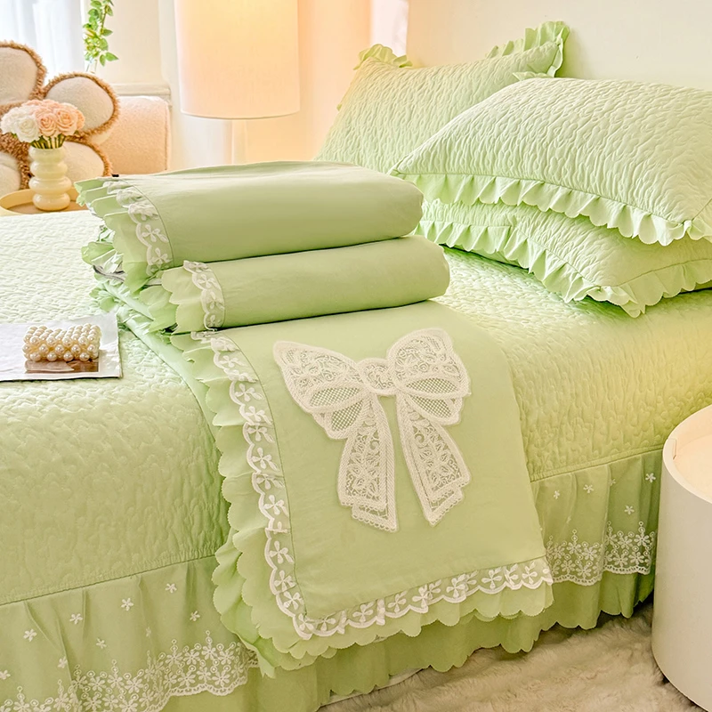 韩版公主粉夏凉被蝴蝶结水洗棉糯小棉夏被纯色床盖款夹棉四件套