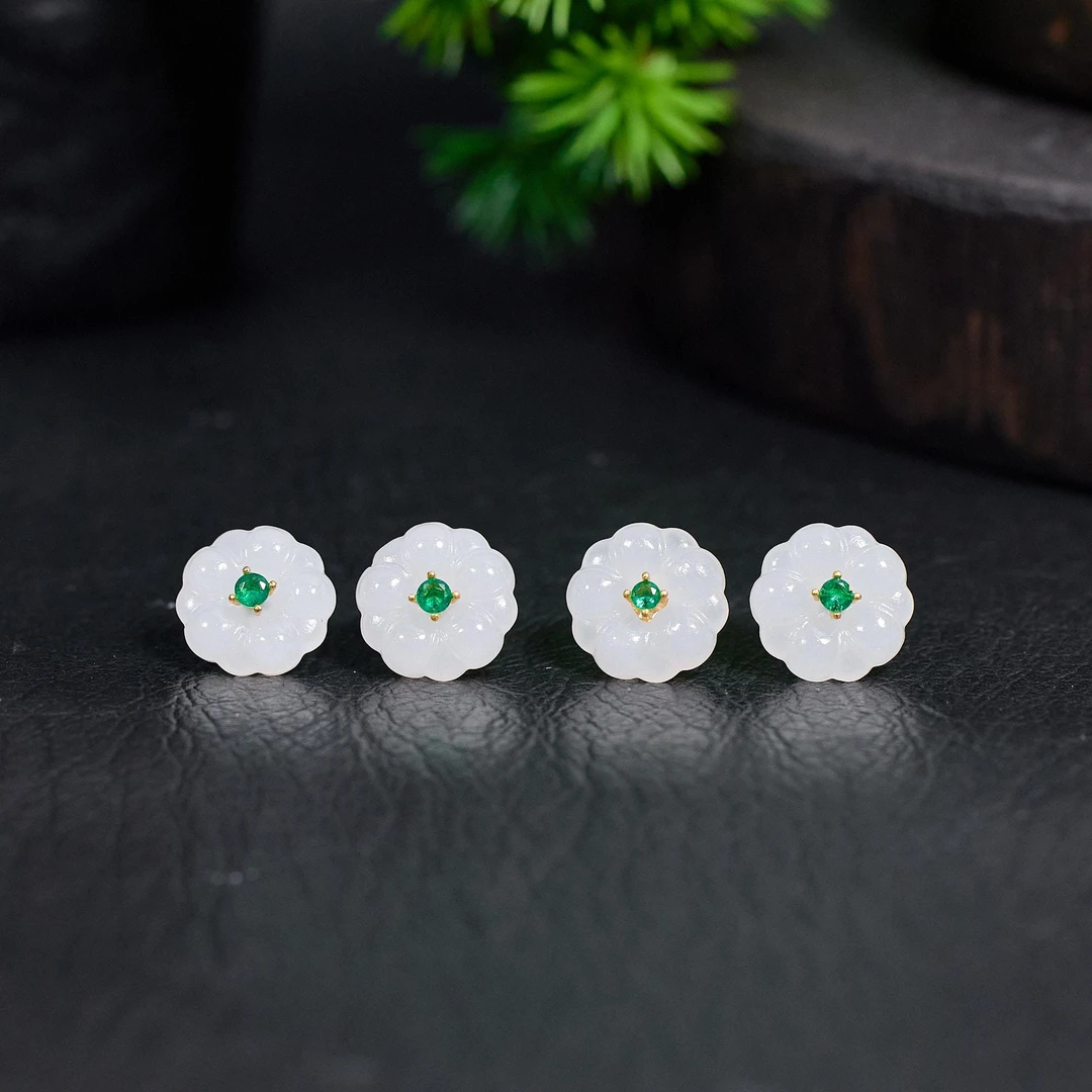 【玉峰珠宝】白玉花花耳钉（多样性发一）XB-W2481