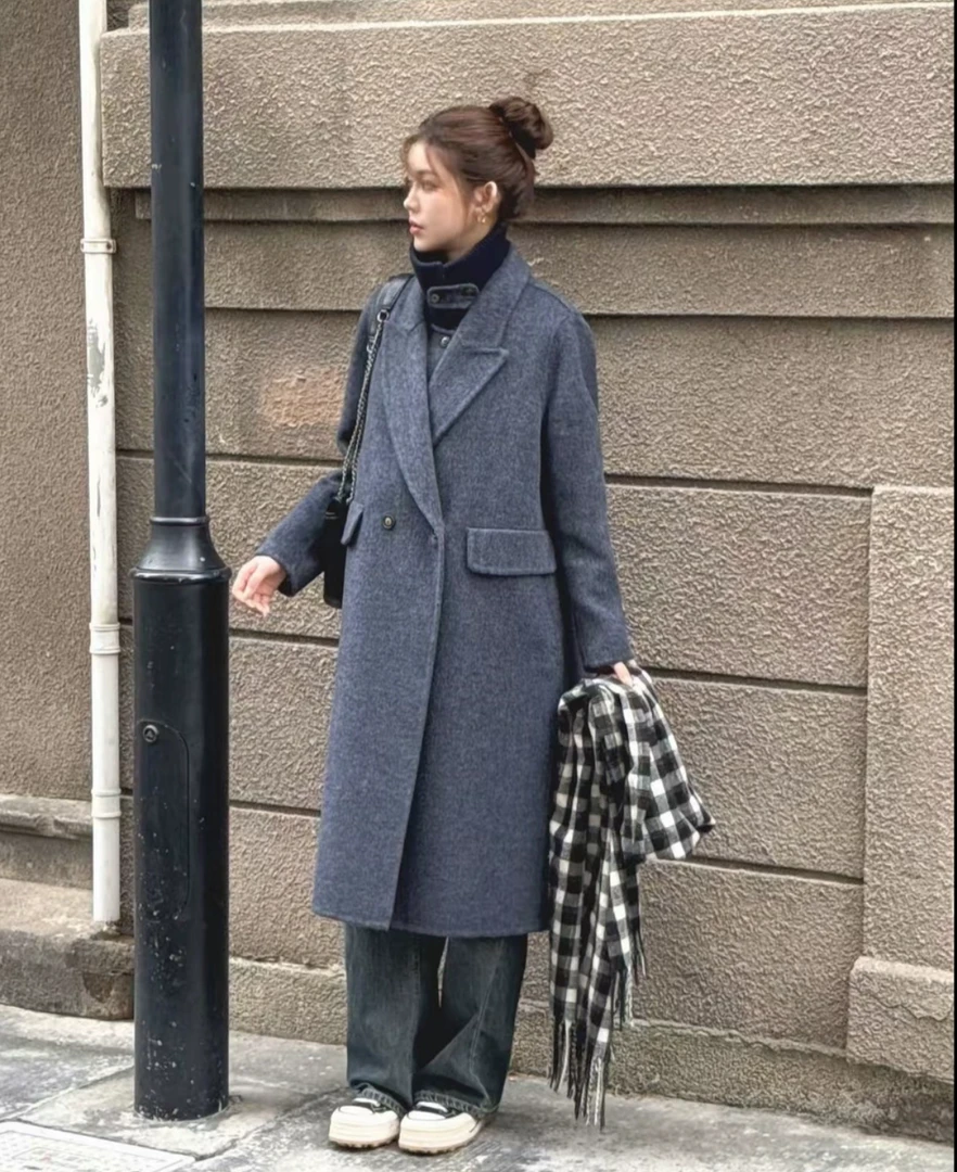 【白月光】2025秋季新品针织罗纹立领两件套西装款双面棉羊毛大衣