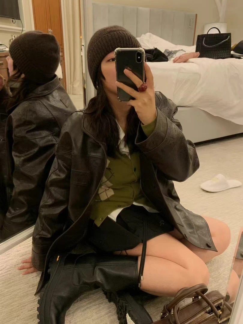 韩货-【德鲁纳磁场】早秋‘复古设计感定制纹理皮小众皮衣外套/8033