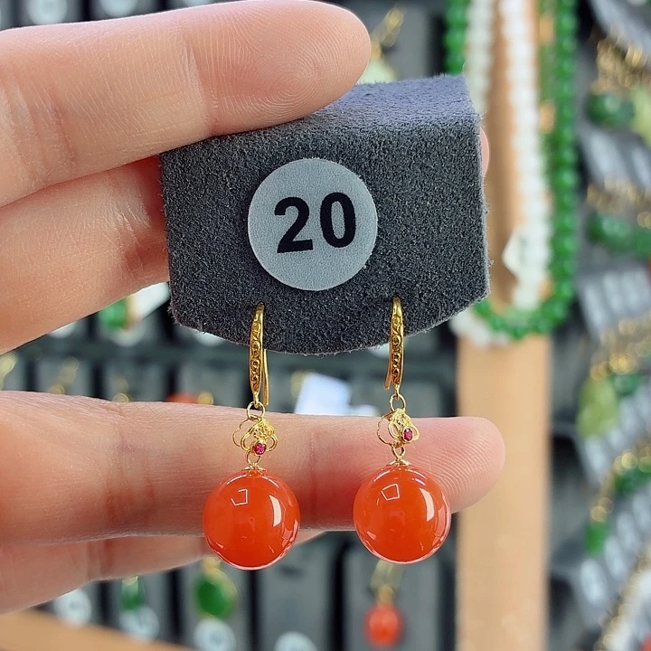 南红玛瑙18K金镶嵌耳饰