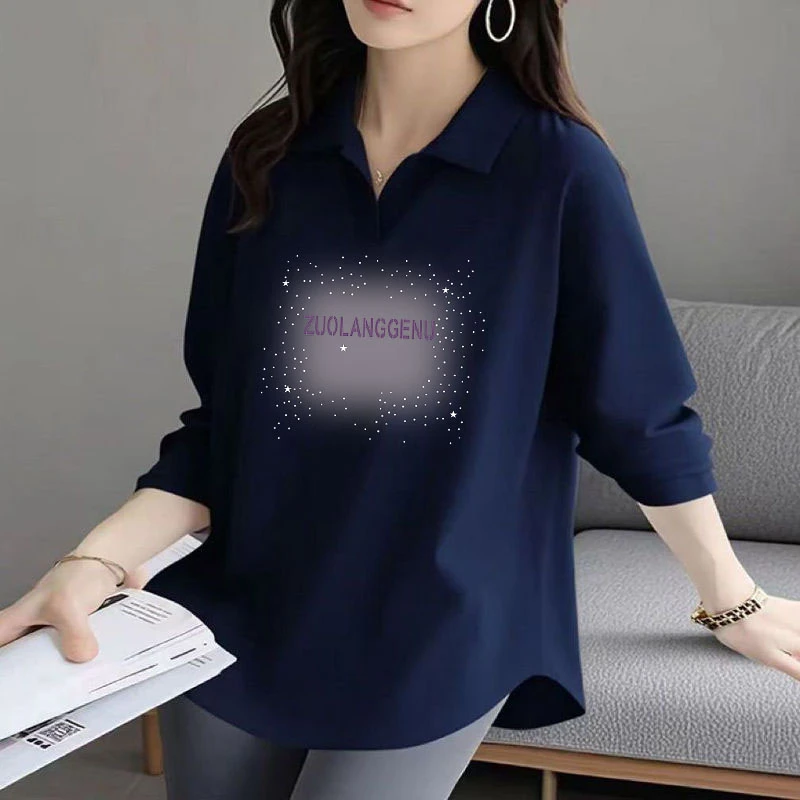 女士长袖T恤衫纯棉2025春秋季新款POLO衫印花时尚气质不规则下摆