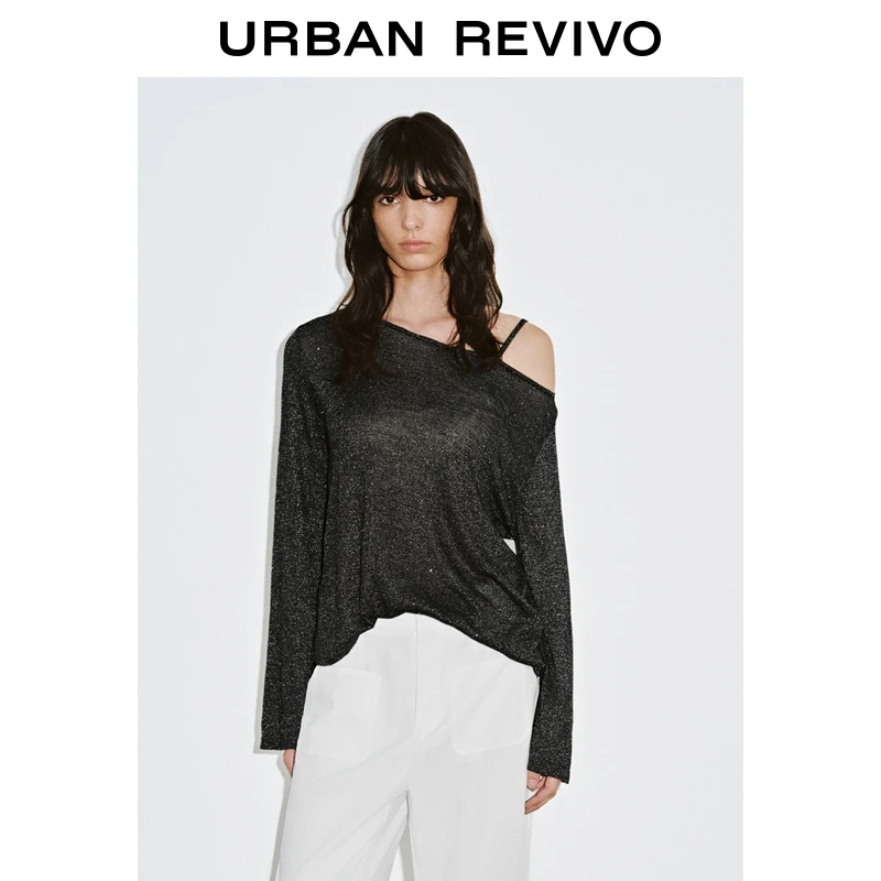 UR2026春季新款女装魅力设计感亮片斜肩领针织衫UWG950168