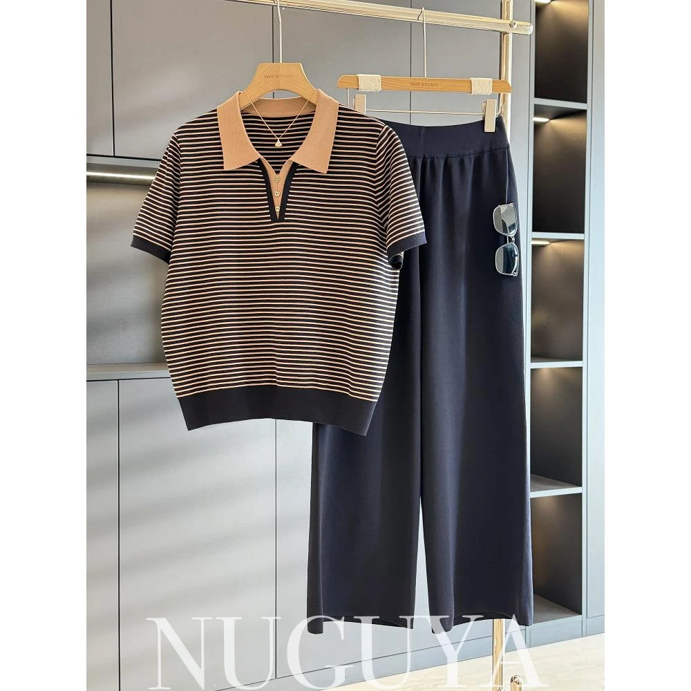 时尚休闲条纹冰丝套装女妈妈装短袖夏装新款减龄气质中