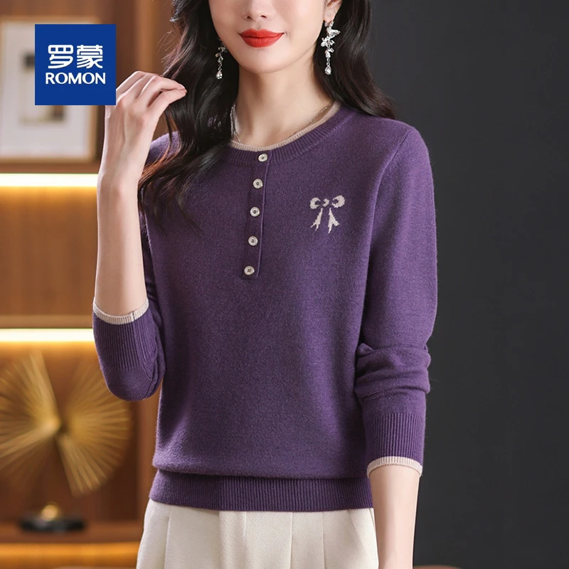 罗蒙中老年针织衫女秋冬装新款洋气宽松妈妈装圆领气质打底衫毛衣