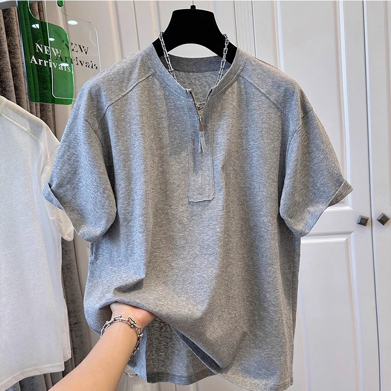 夏季新款舒适感通勤慵懒风短袖T恤上衣女装设计感半拉链体恤宽松