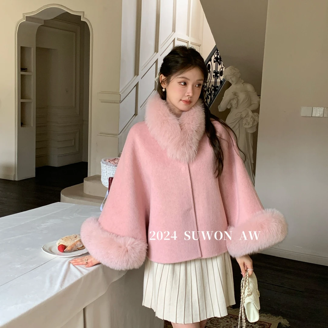 春季新款狐狸毛领可脱卸粉色双面羊毛大衣短款毛呢外套女新款1101