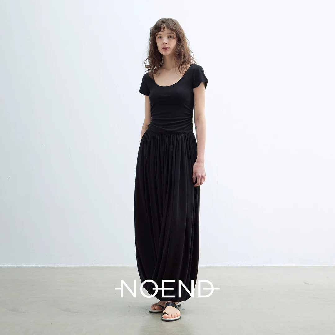 NOEND 25SS 【解构主义】桑蚕丝 大U领纽结褶皱短袖连衣裙