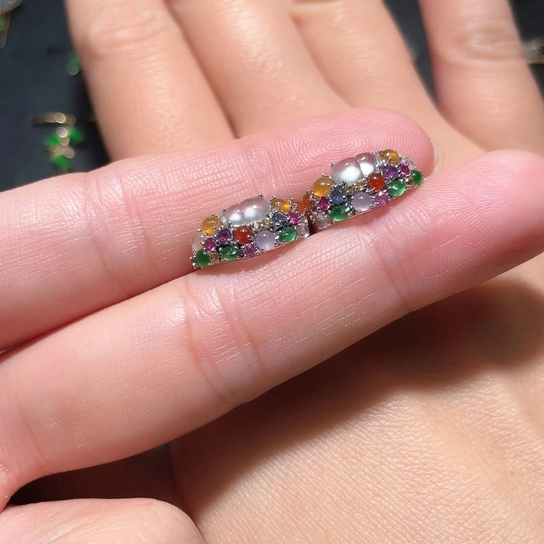 翡翠耳饰18K金镶嵌多宝