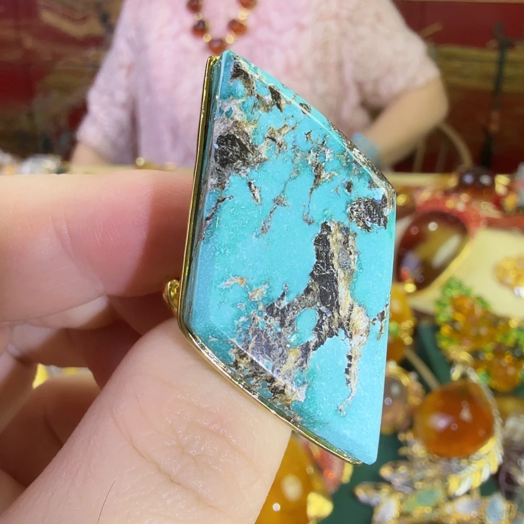 绿松石银S925镀金镶嵌戒指