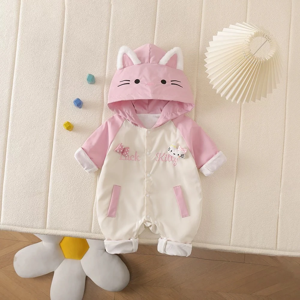 婴幼儿秋冬季双层内衬纯棉开档哈衣女宝宝猫咪连帽长袖冲锋衣连体