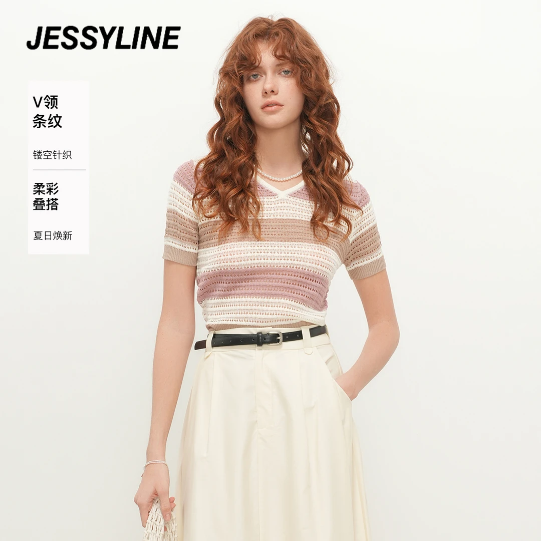 jessyline2025夏季新款 杰茜莱拼色条纹显瘦短袖薄款针织衫女上衣