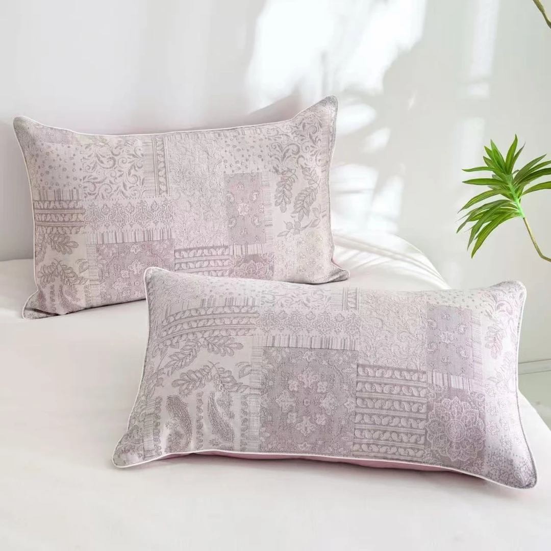 棉麻枕套【紫色百福 】48x74厘米 A类 高端轻奢成人四季枕套一对装