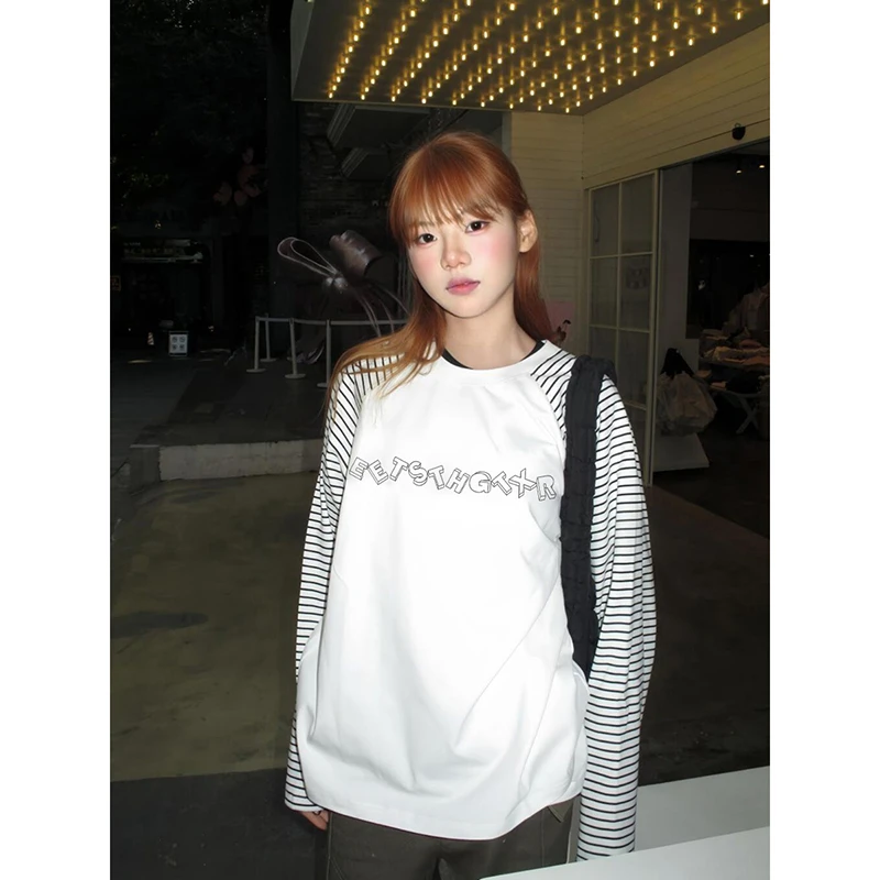 韩系时尚设计插肩圆领长袖T恤女秋冬季甜美小众休闲百搭上衣ins潮