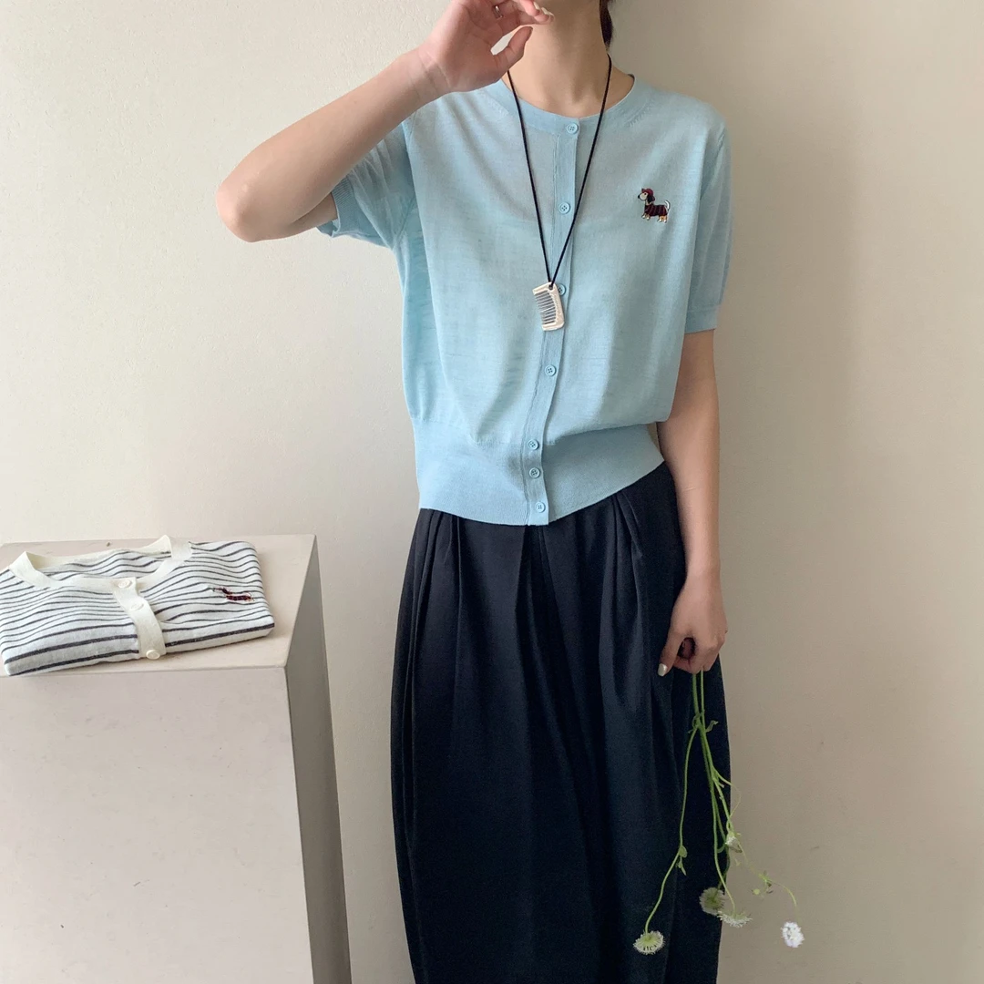 【素简.680139】春款上新幻彩亚麻小狗开衫女装上新混纺针织衫
