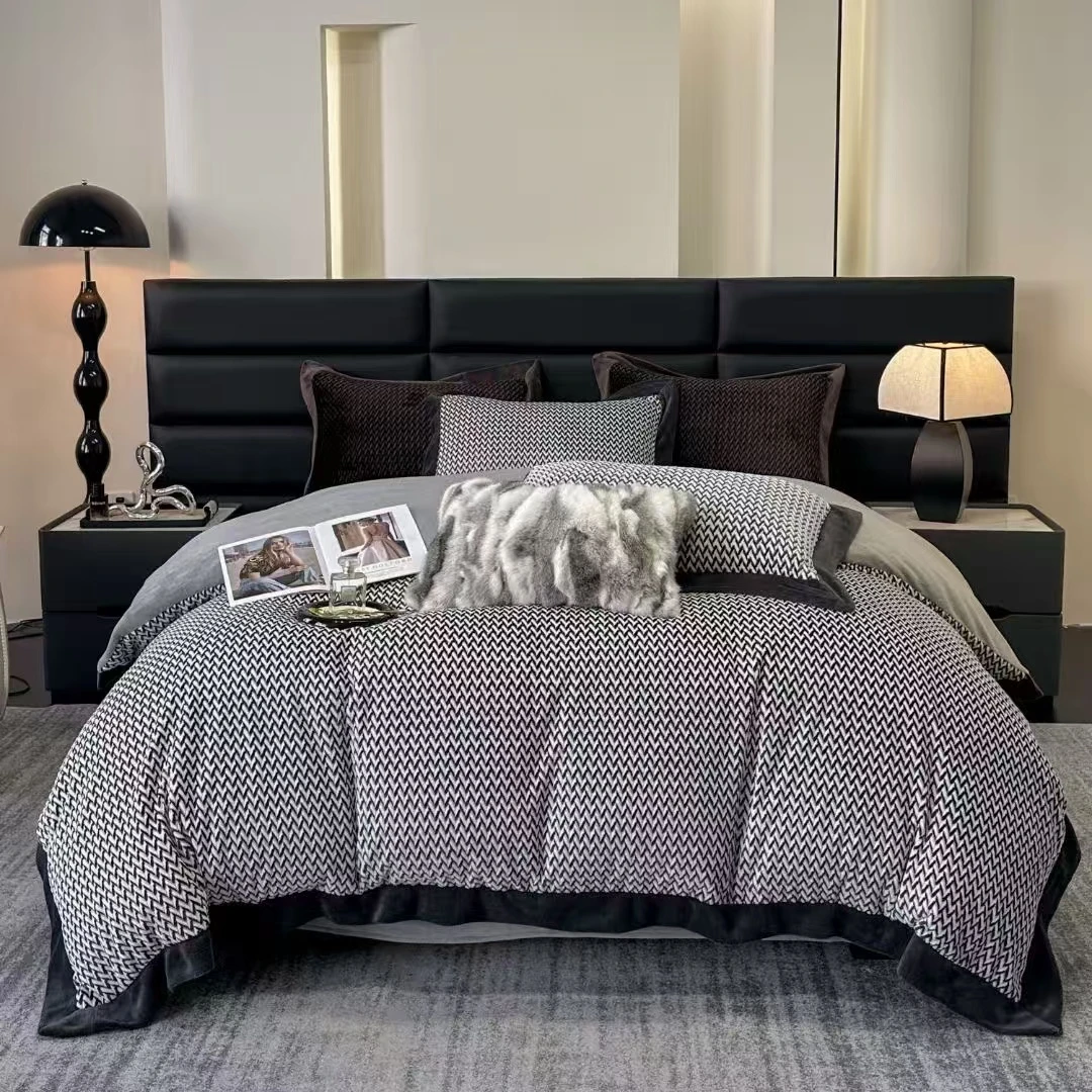 8斤重牛奶绒四件套床裙款A类  时尚千鸟格轻奢双面简约印花设计师