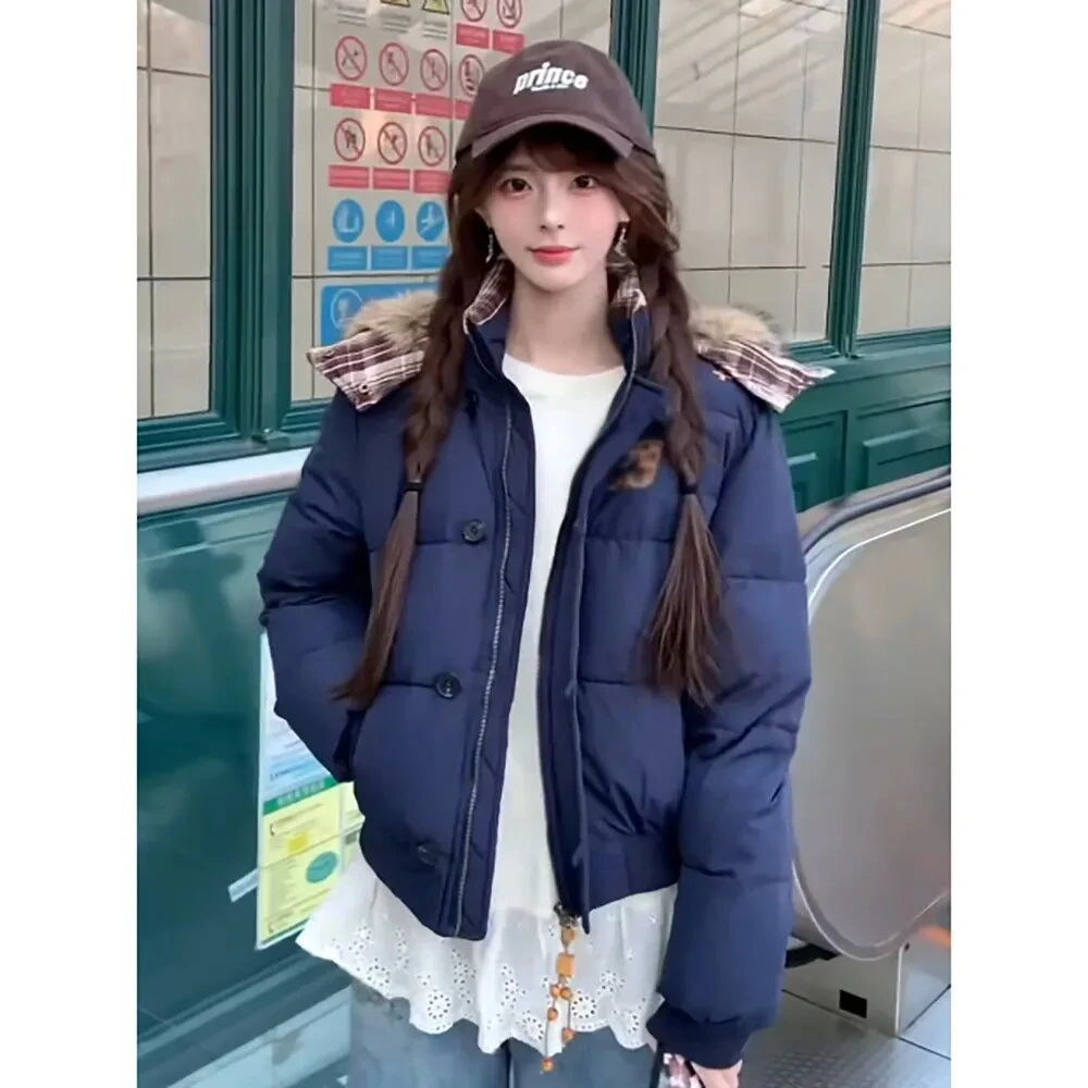 美式复古毛领连帽棉服外套女冬季新款宽松设计感加厚保暖棉衣棉袄