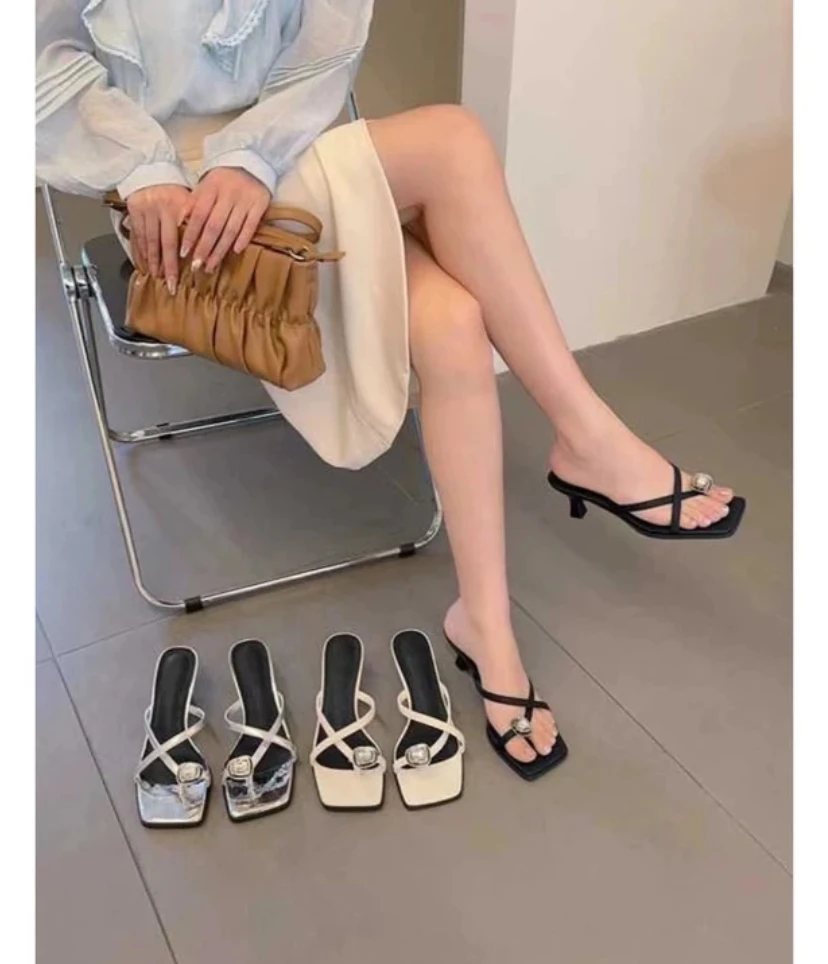 夏季法式高跟胶粘鞋一字拖凉鞋时尚女鞋气质方头-889