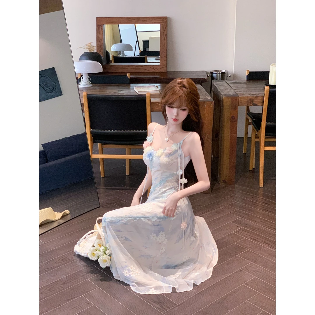 瑞茜·威瑟斯 海的女儿 夏季纯欲风小众设计吊带长裙连衣裙R9189D