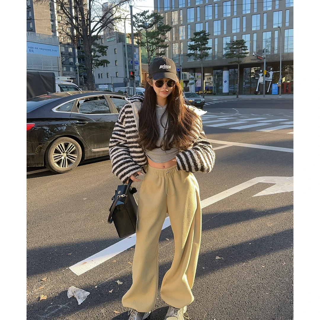 21 DEGREES【万年自留】条纹连帽毛呢外套镂空磨毛打底抽绳卫裤